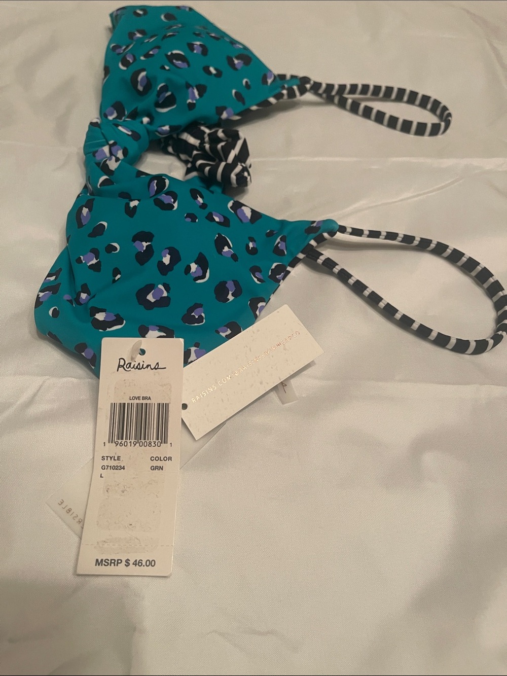 Raisins Teal Leopard Print Bikini Top with Black & White Striped Straps